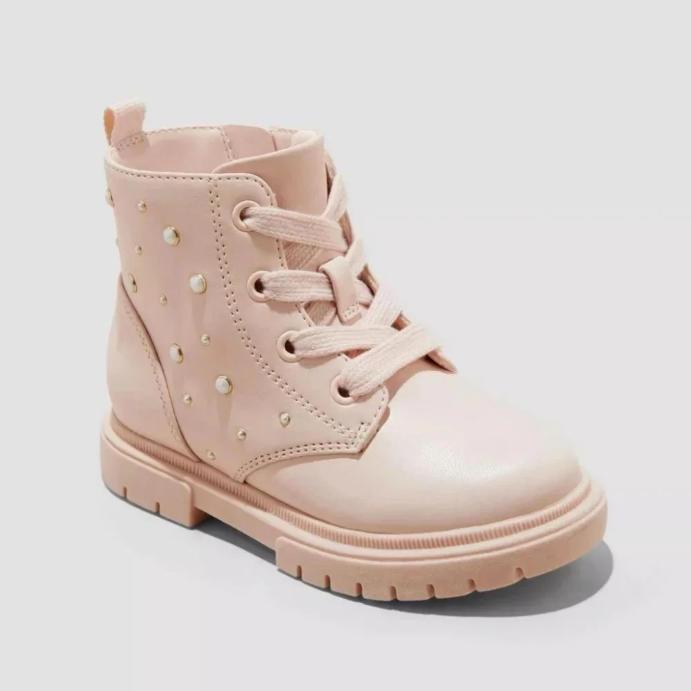 Cat & Jack Boots Blush Pink Amaya Lace Up Zipper Combat Boots With Pearls Baby